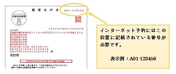 イラスト：郵便はがきの写真と説明文　インターネット予約には右上に記載されている番号が必要です。表示例、A01-123456