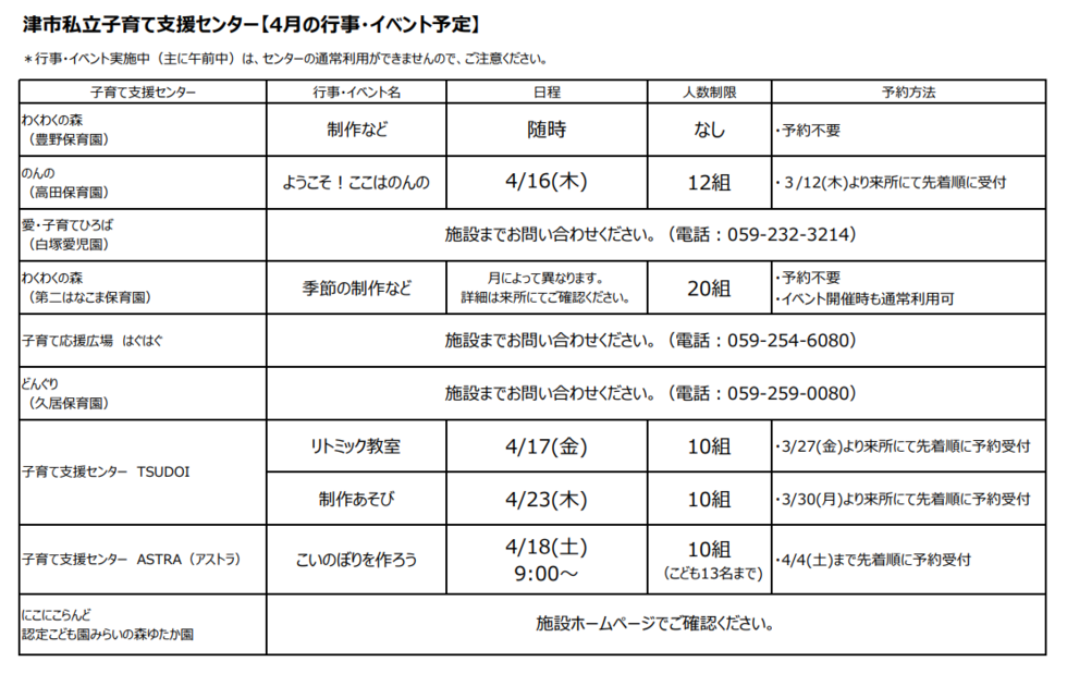4月私立イベント一覧表