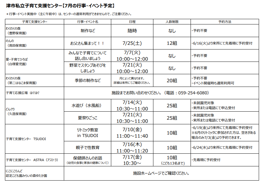 7月私立イベント一覧表