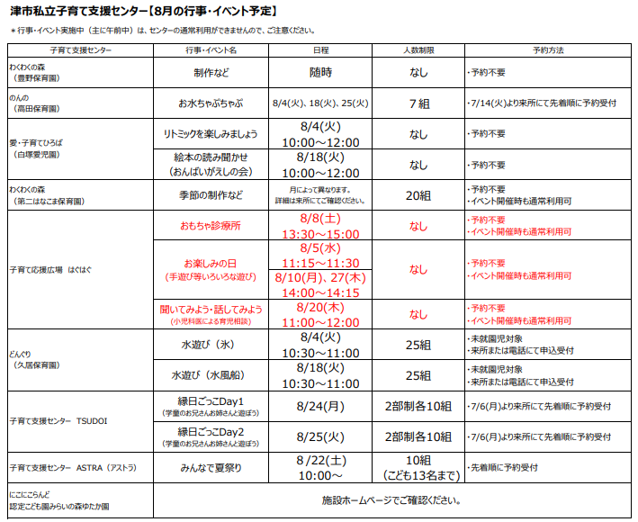 8月私立イベント一覧表