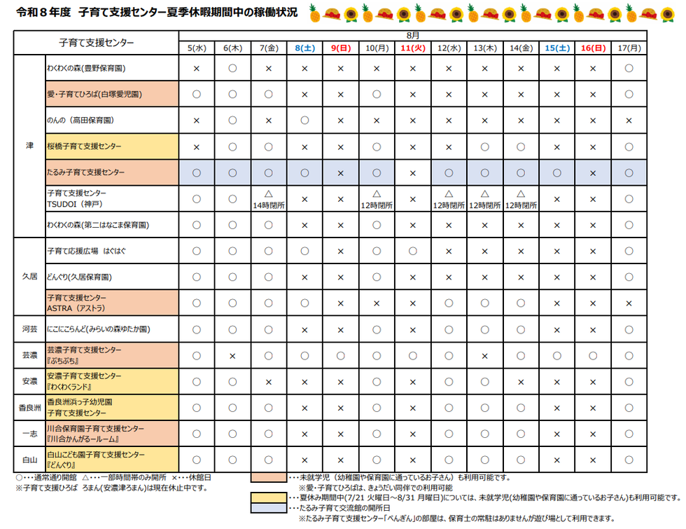 令和8年度夏季休暇期間中の稼働状況一覧表