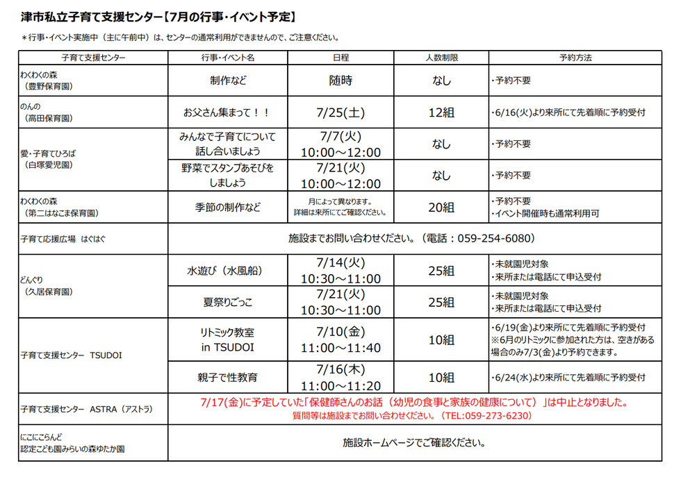 7月私立イベント一覧表