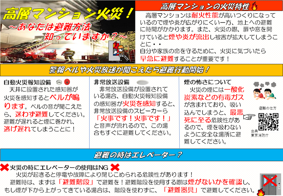 高層マンションの火災特性・警報ベルや火災放送が聞こえたら避難行動開始　避難の時はエレベーター？