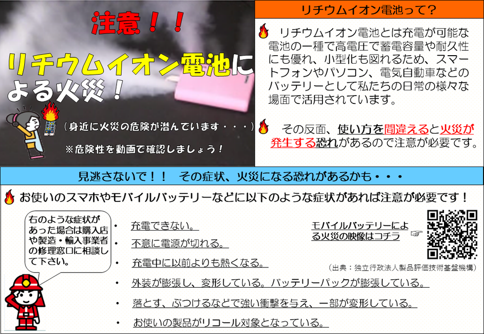 写真：注意！リチウムイオン電池による火災1