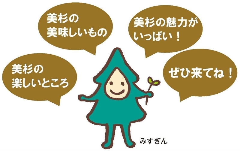 イラスト：みすぎん　美杉の楽しいところ、美杉の美味しいもの、美杉の魅力がいっぱい！ぜひ来てね！
