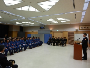 写真:津市消防団河芸方面団・香良洲方面団 三重県消防操法大会出場結団式 挨拶