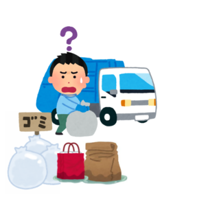 イラスト:紙袋にごみを入れて捨てられ、ごみ収集員が困っている様子
