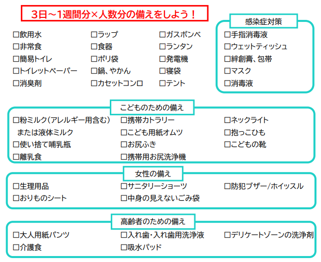自宅での備蓄品リスト例