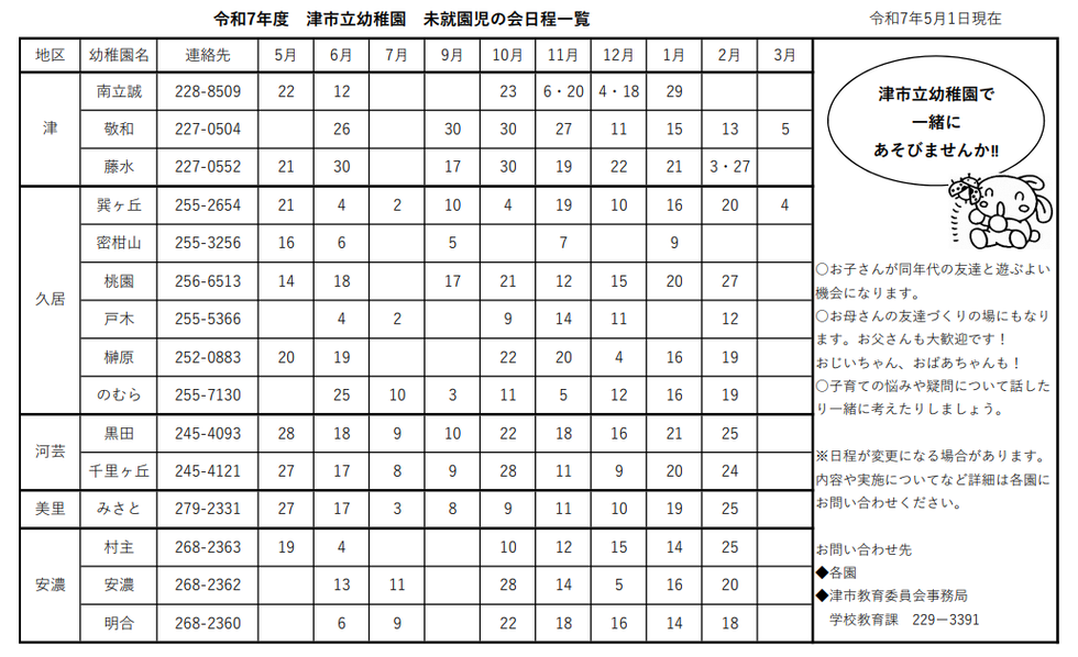 画像：令和7年度　公立幼稚園未就園児の会　日程一覧