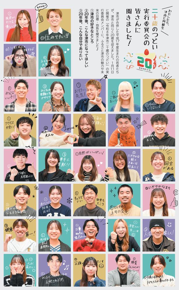 津市が合併した平成17年度生まれの若者たちが、津市と同じく20歳を迎えました。そこで、「令和8年津市二十歳のつどい」の実行委員会メンバーに、津市の好きなところや津市の理想の姿を聞きました。「人が優しい」「にぎやかな駅前になってほしい」「このままであってほしい」など、さまざまな思いがあります。