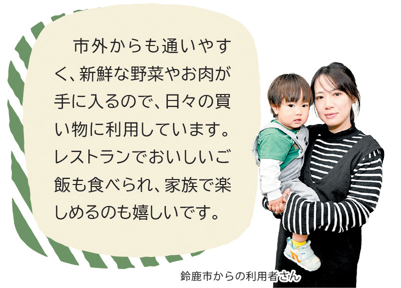 鈴鹿市からの利用者さんのコメント「市外からも通いやすく、新鮮な野菜やお肉が手に入るので、日々の買い物に利用しています。レストランでおいしいご飯も食べられ、家族で楽しめるのも嬉しいです。」