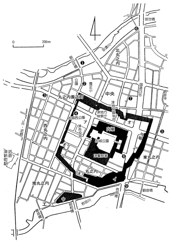 津城跡とその周辺地図