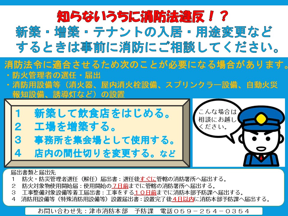 新築・増築・テナントの入居・用途変更などするときは事前にご相談ください。